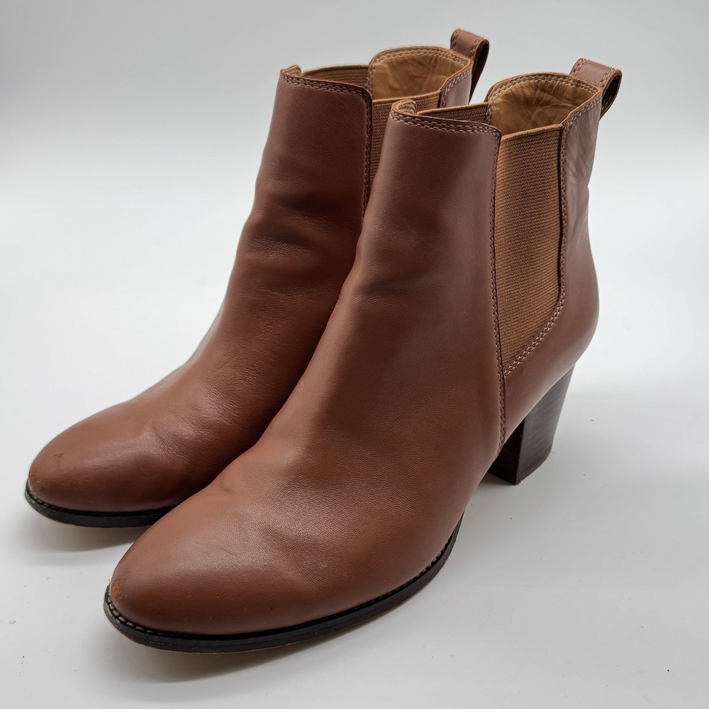 J.Crew Womens 9.5 Brown Leather Chelsea Ankle Boots Block Heel Booties